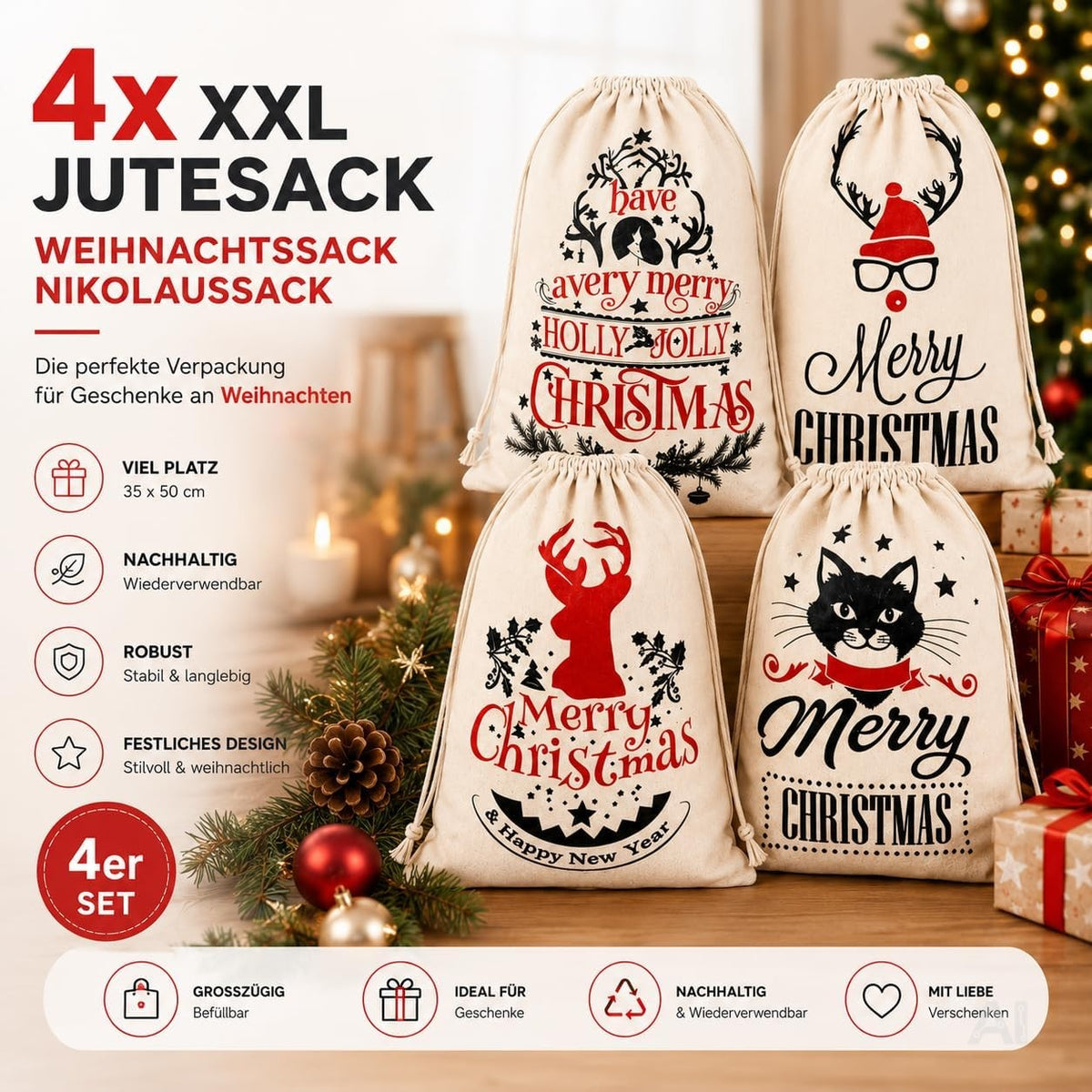 Vier Weihnachts-Geschenksäcke Modell 2 in natürlicher Optik mit Kordelzug – Produktmotiv 2