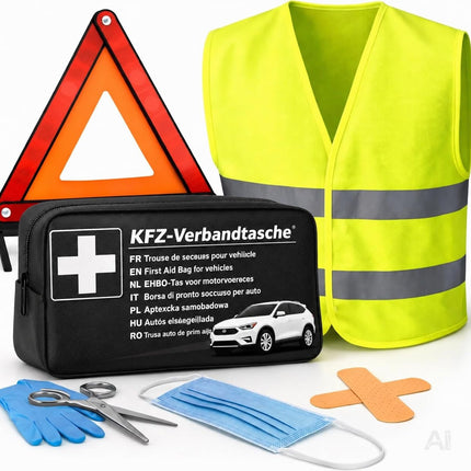 3 in 1 Set Auto Erste Hilfe Kit - KFZ-Verbandskasten, Warnweste, Warndreieck
