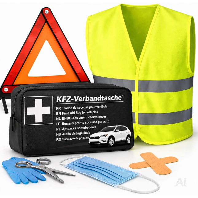3 in 1 Set Auto Erste Hilfe Kit - KFZ-Verbandskasten, Warnweste, Warndreieck