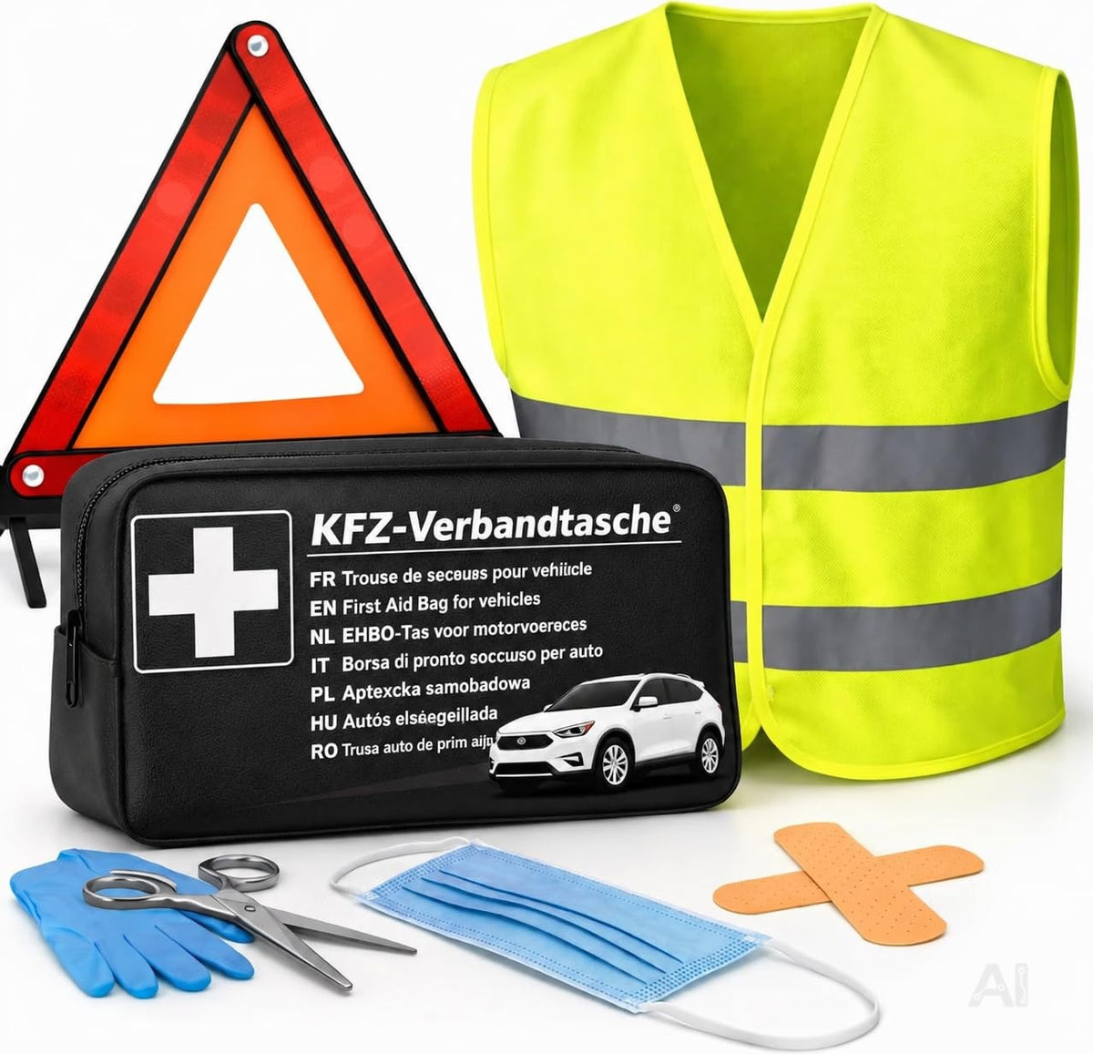 3 in 1 Set Auto Erste Hilfe Kit - KFZ-Verbandskasten, Warnweste, Warndreieck