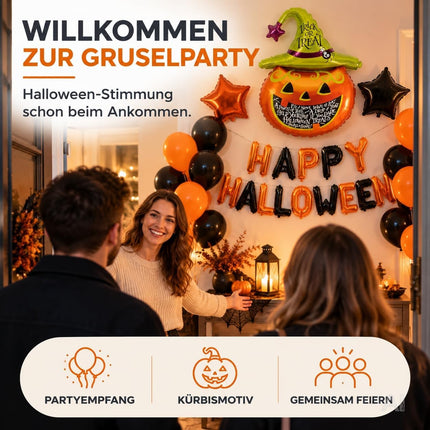 Halloween Deko Set – Luftballons in Orange und Schwarz, Kürbis, Happy Halloween Schriftzug und Sterne für Partydekoration