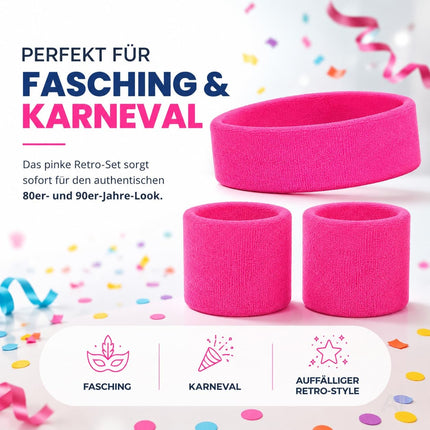 Accessoire Vokuhila Kostüme Retro-Neon-Stil – 3er Set Schweißband Set pink & Stirnband – 80er & 90er – Fasching und Karneval