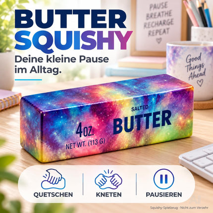 Butter Squishy Antistress-Spielzeug – Weicher Margarine Quetsch zum Knautschen, Fidget Toy für Hände, Arbeitsplatz, Schule & Freizeit (Galaxy bunt)