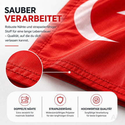 Türkische Flagge mit weißem Halbmond und Stern auf rotem Grund – Nahaufnahme der Naht