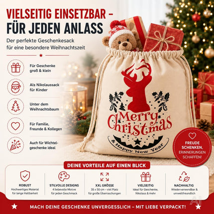 Vier Weihnachts-Geschenksäcke Modell 1 in natürlicher Optik mit Kordelzug – Produktmotiv 8