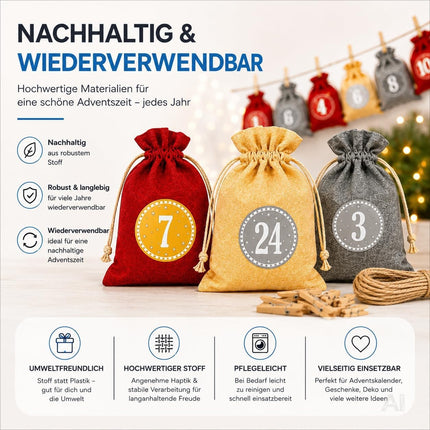 Adventskalender mit 24 Säckchen Modell 2 in Rot, Grau und Naturfarben – Produktmotiv 4