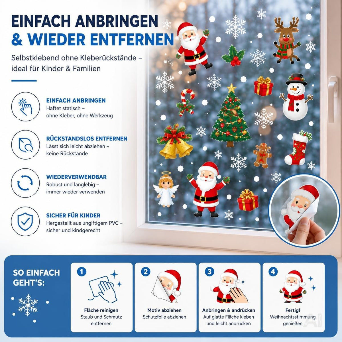 Bunte Weihnachts-Fensterbilder Modell 2 mit Weihnachtsmann, Schneemann und Rentier – Produktmotiv 2