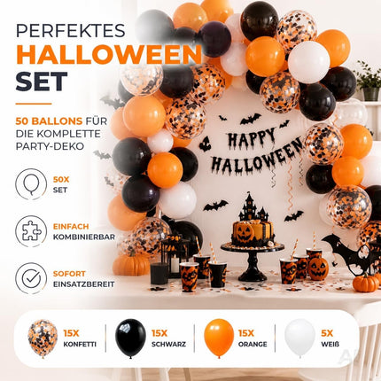 50er-Ballonset: 15 Konfetti-, 15 schwarze, 15 orangefarbene und 5 weiße Ballons mit Dekorationsbeispiel.