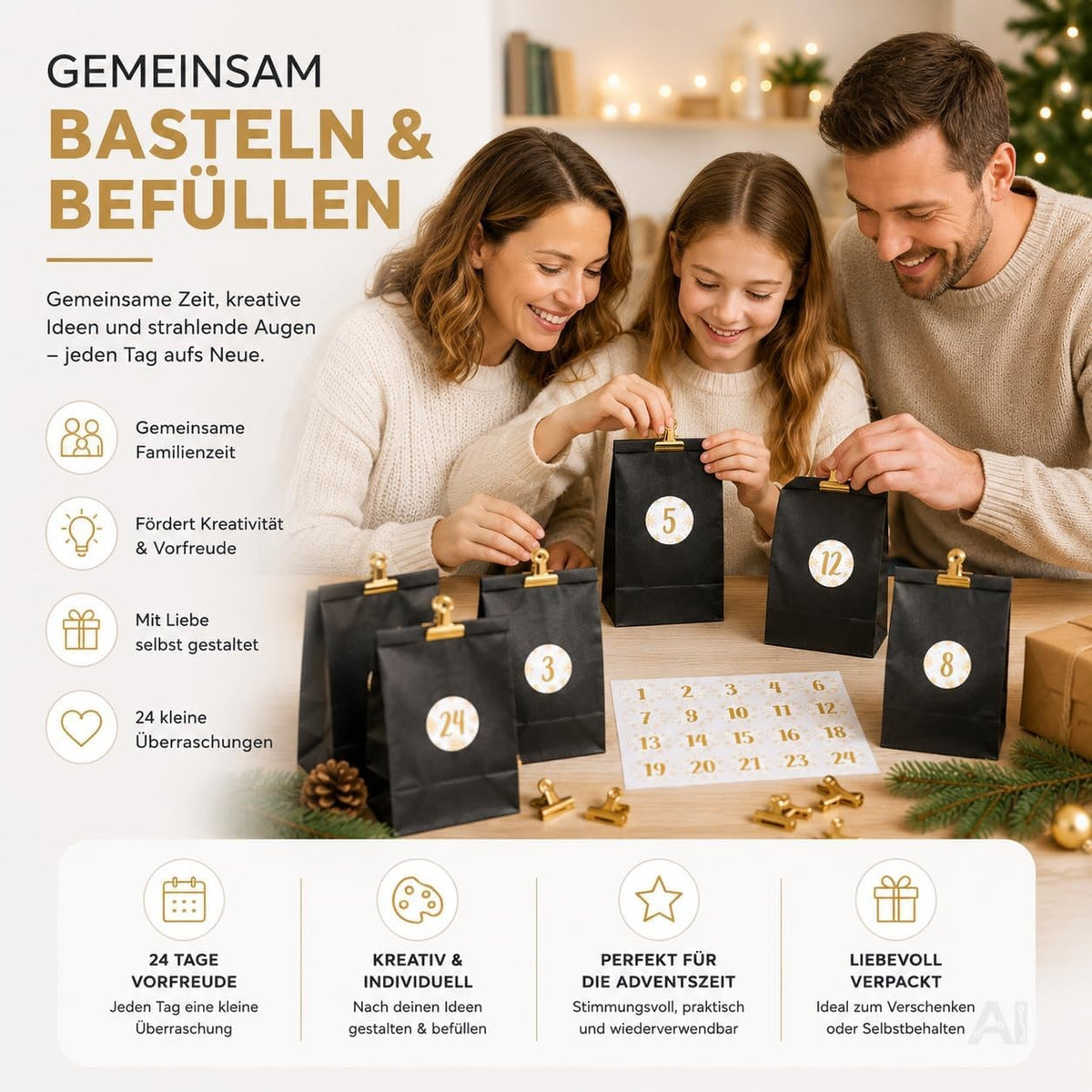 Adventskalender mit 24 Tüten Modell 1 in Schwarz und Gold – Produktmotiv 3
