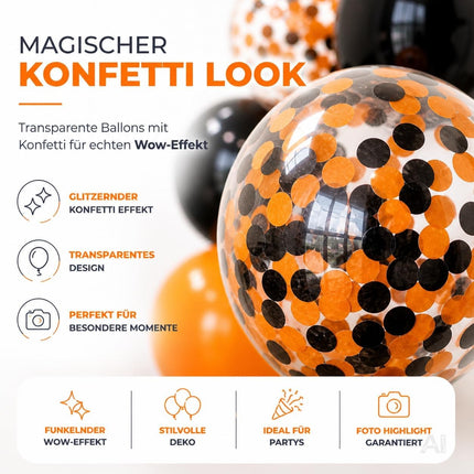 Transparenter Halloween-Luftballon mit orangefarbenem und schwarzem Konfetti in Nahaufnahme.