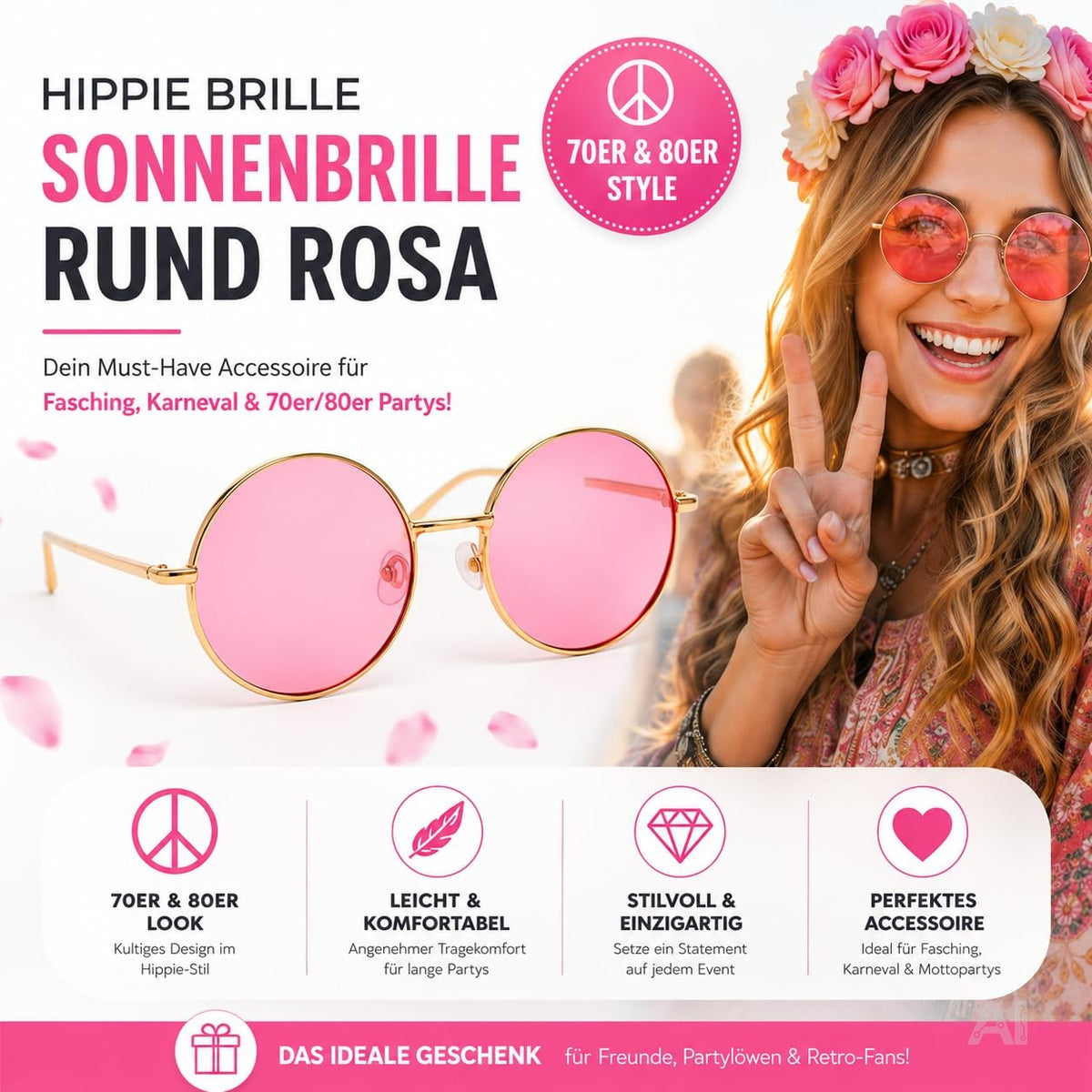 Runde Hippie-Brille mit rosa Gläsern