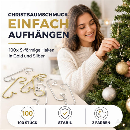 100x Haken Weihnachtsbaum - Kugelaufhänger Baumhaken in Gold und Silber