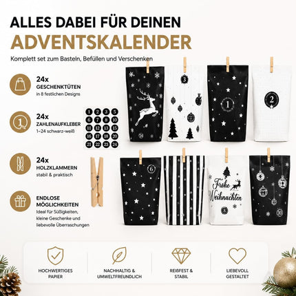 Adventskalender mit 24 Tüten Modell 3 in Schwarz und Weiß mit Weihnachtsmotiven – Produktmotiv 7