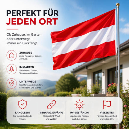 Österreich Flagge 90x150 cm – WM 2026 Weltmeisterschaft Fahne Fanartikel aus strapazierfähigem Polyester mit Metallösen