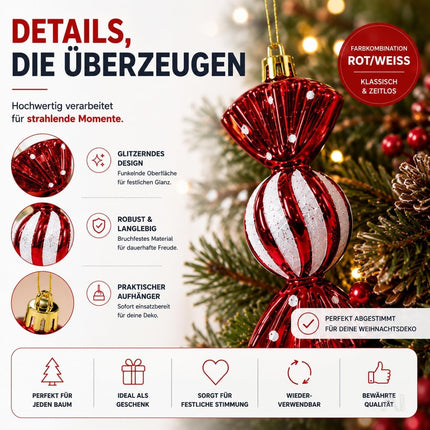 Sechs rot-weiße Bonbon-Anhänger als Christbaumschmuck – Produktmotiv 7