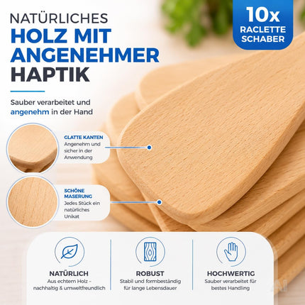 10x Raclette Schaber aus Holz - Praktische Racletteschieber / Käse-Spachtel für Raclette-Pfännchen