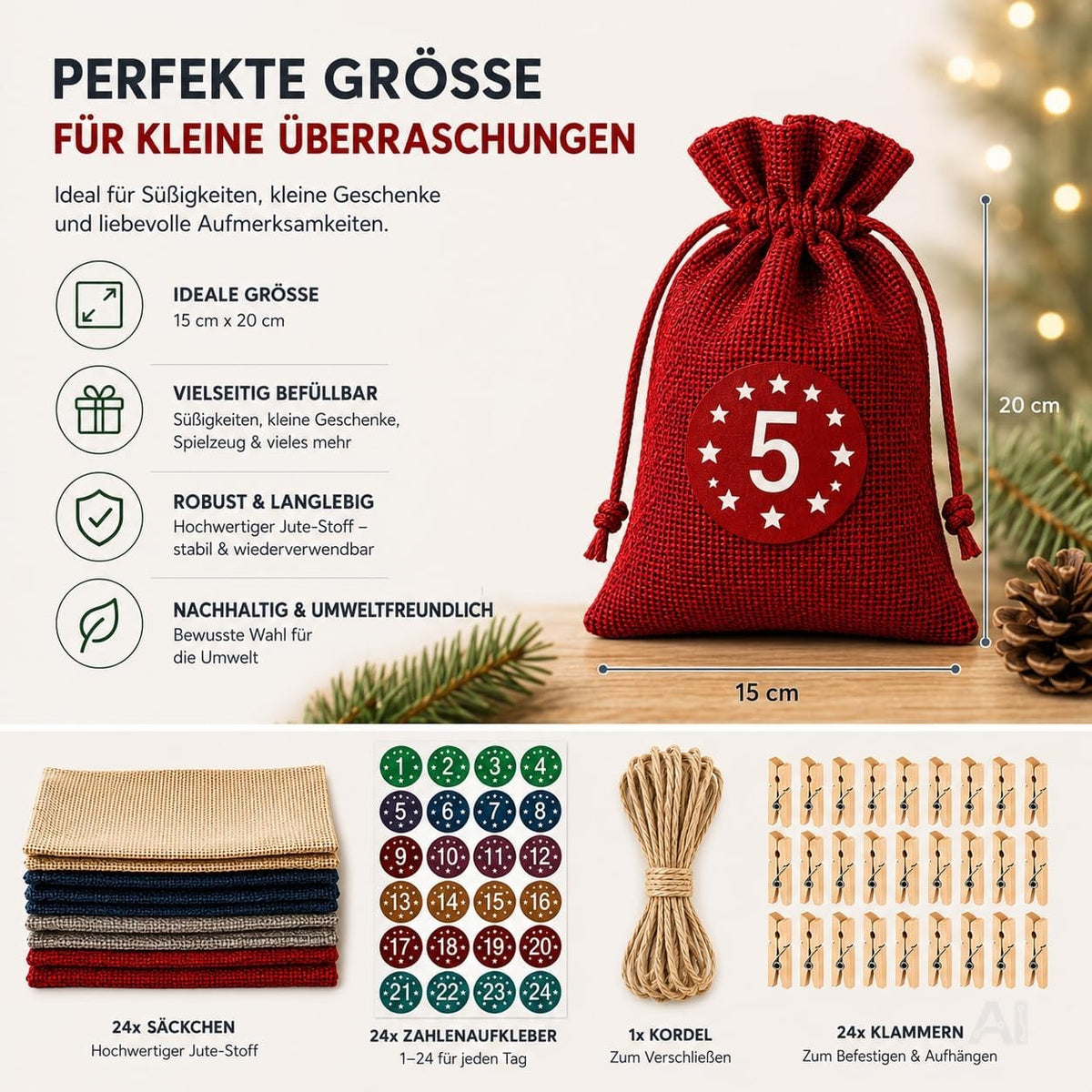 Adventskalender mit 24 Säckchen Modell 3 in Rot, Blau, Grau und Naturfarben – Produktmotiv 3