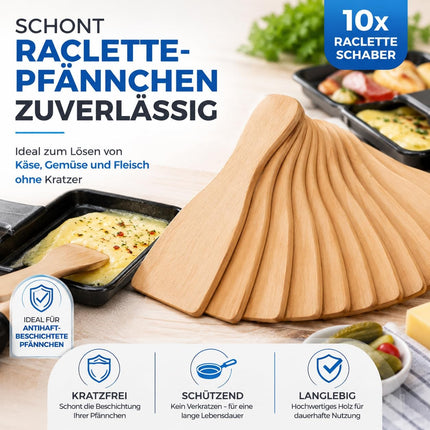 10x Raclette Schaber aus Holz - Praktische Racletteschieber / Käse-Spachtel für Raclette-Pfännchen