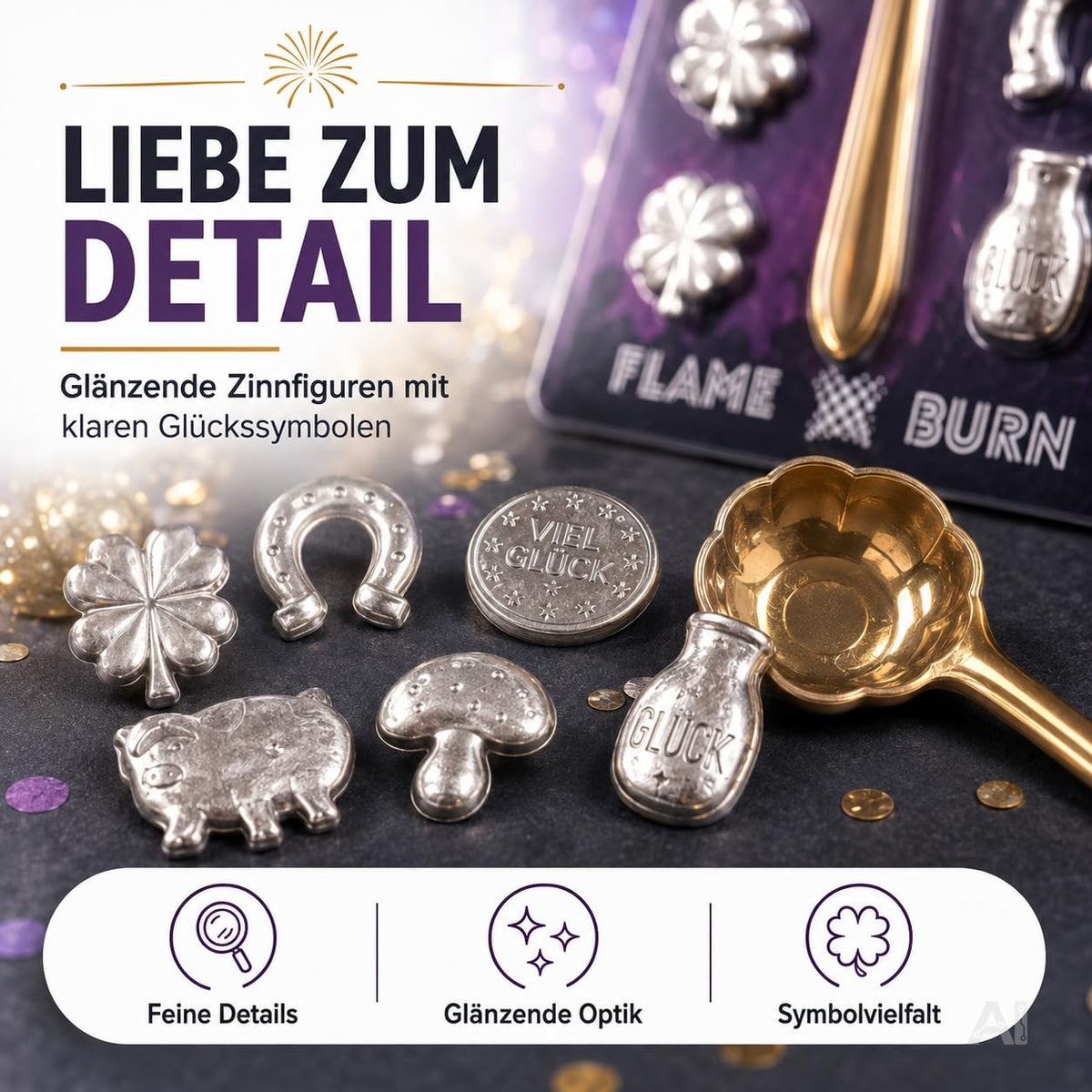 Zinngießset mit Orakelbuch – Nahaufnahme von Figuren und Gießlöffel