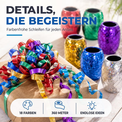 18er Ringelband Set mit bunten Farben je 20 Meter - Geschenkband Kräuselband