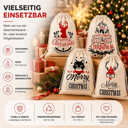 Vier Weihnachts-Geschenksäcke Modell 2 in natürlicher Optik mit Kordelzug – Produktmotiv 4