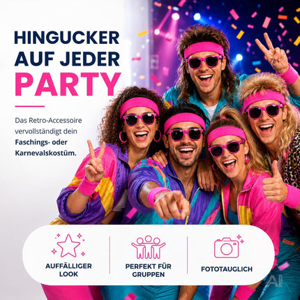 Accessoire Vokuhila Kostüme Retro-Neon-Stil – 3er Set Schweißband Set pink & Stirnband – 80er & 90er – Fasching und Karneval