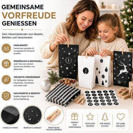 Adventskalender mit 24 Tüten Modell 3 in Schwarz und Weiß mit Weihnachtsmotiven – Produktmotiv 3