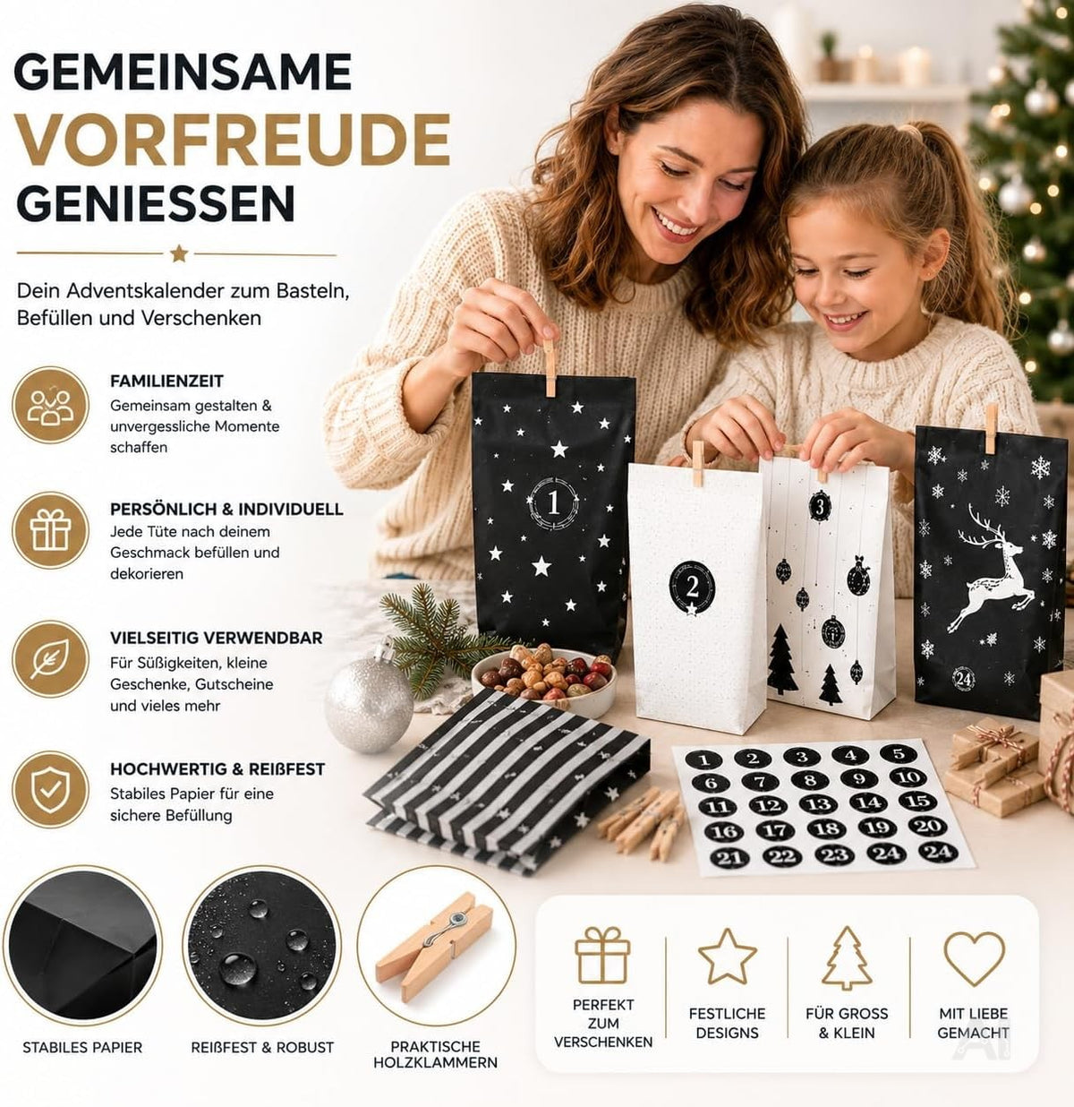 Adventskalender mit 24 Tüten Modell 3 in Schwarz und Weiß mit Weihnachtsmotiven – Produktmotiv 3