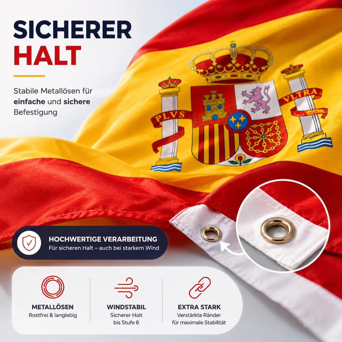 Spanische Flagge in Rot-Gelb-Rot – Nahaufnahme einer Öse