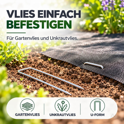 Befestigung von Vlies mit U-förmigen Bodenankern