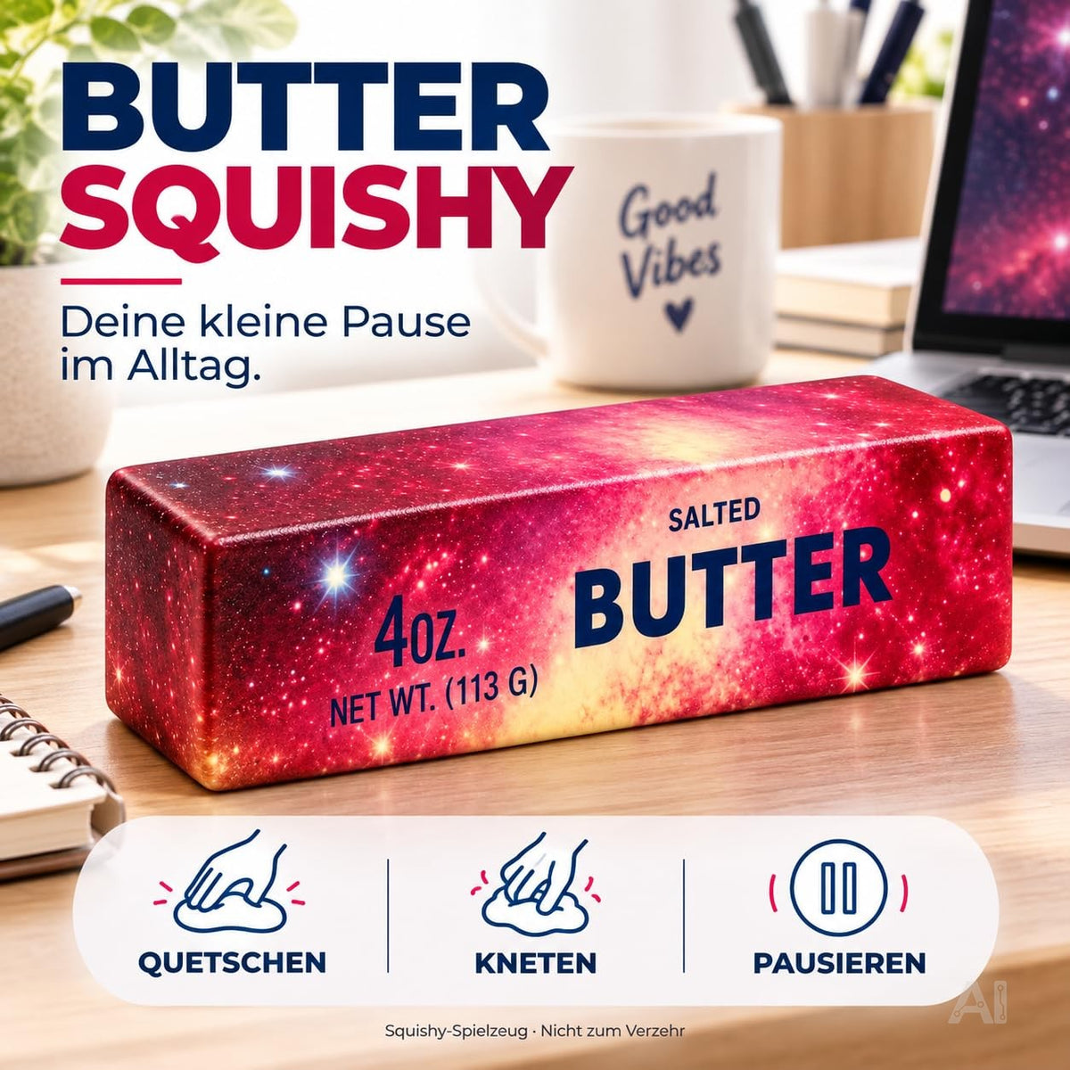 Butter Squishy Antistress-Spielzeug – Weicher Margarine Quetsch zum Knautschen, Fidget Toy für Hände, Arbeitsplatz, Schule & Freizeit (Galaxy rot)