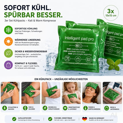 3er Set Kühlpacks Kühlpads - MADE IN GERMANY - 15x15 cm - Grün