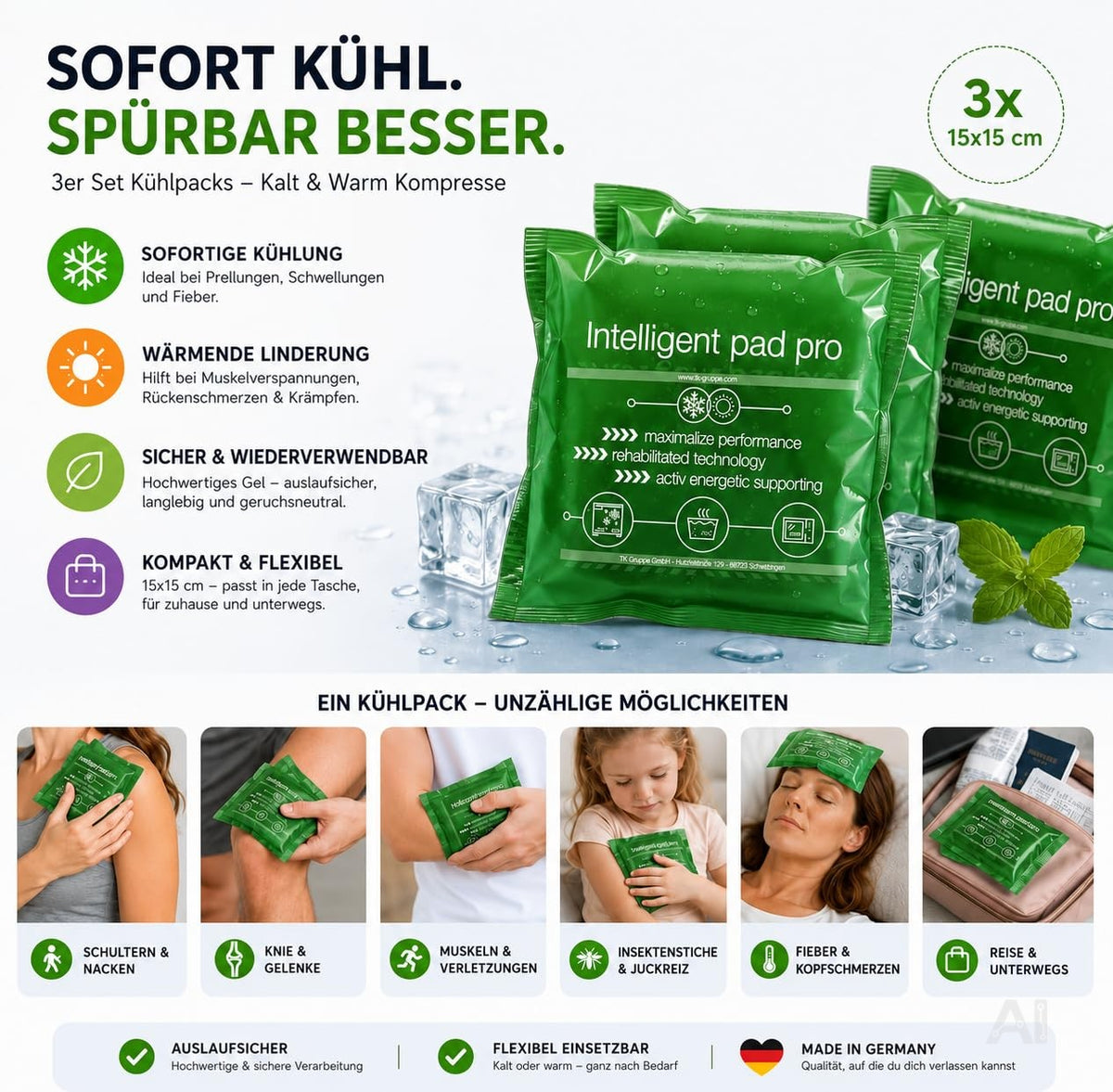 3er Set Kühlpacks Kühlpads - MADE IN GERMANY - 15x15 cm - Grün