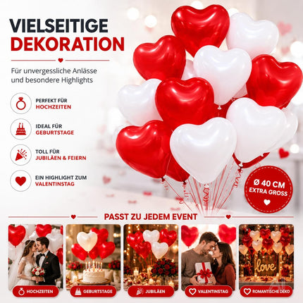 50x XXL Herzluftballons Helium geeignet Ø 40 cm Luftballons Herz Herzballon rot & weiß
