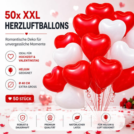 50x XXL Herzluftballons Helium geeignet Ø 40 cm Luftballons Herz Herzballon rot & weiß