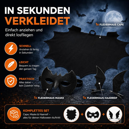 Fledermaus Kostüm Kinder – 4 in 1 Halloween Set ab 3 Jahren
