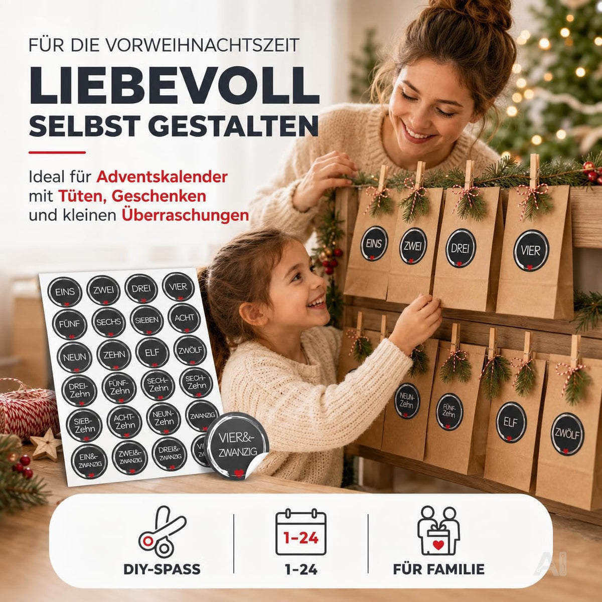 Adventskalender-Aufkleber mit den Zahlen 1 bis 24 – beim Gestalten eines Adventskalenders