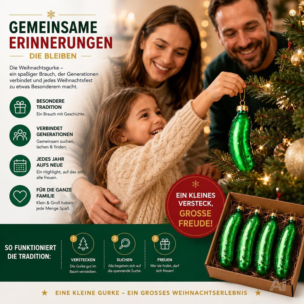 Grüne Weihnachtsgurken im 4er-Set mit goldfarbener Aufhängung – Produktmotiv 2