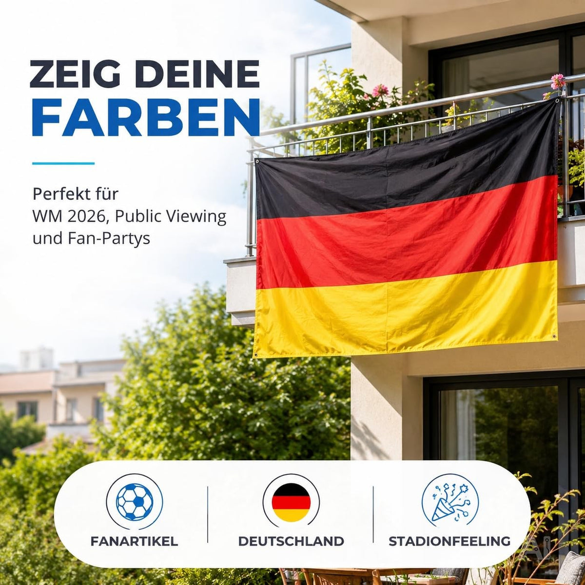 Deutschlandflagge in Schwarz-Rot-Gold – am Balkon
