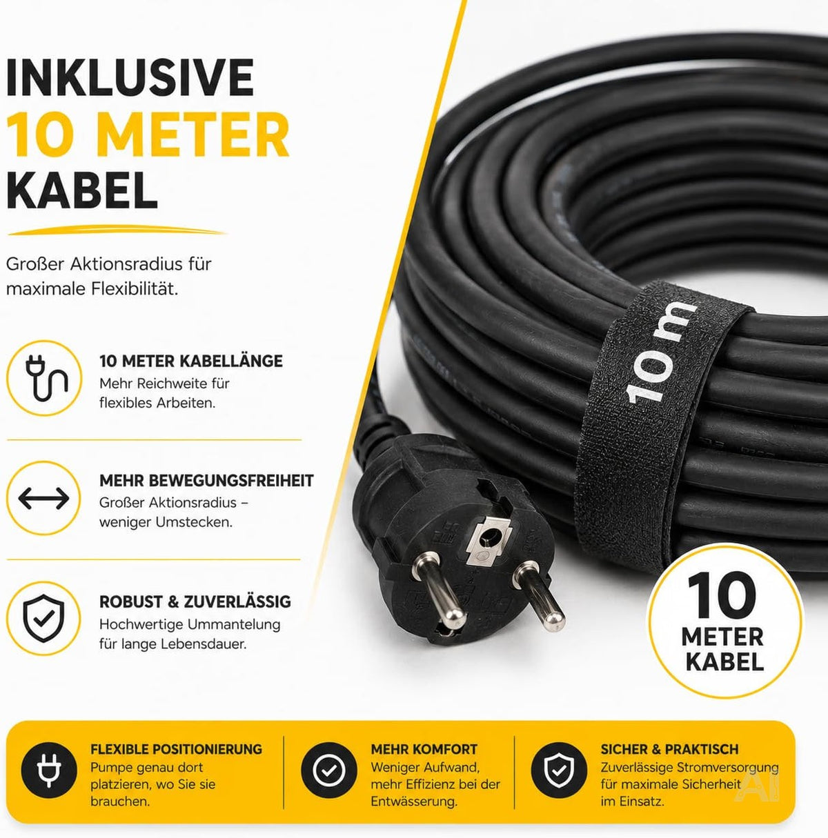 Schmutzwasser-Tauchpumpe, 400 W, 7.500 l/h – 5 m Förderhöhe, 4 m Tauchtiefe, 10 m Kabel, einstellbarer Schwimmerschalter