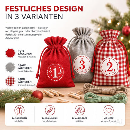 Adventskalender mit 24 Säckchen Modell 1 in Rot, Grau und Rot-Weiß kariert – Produktmotiv 5