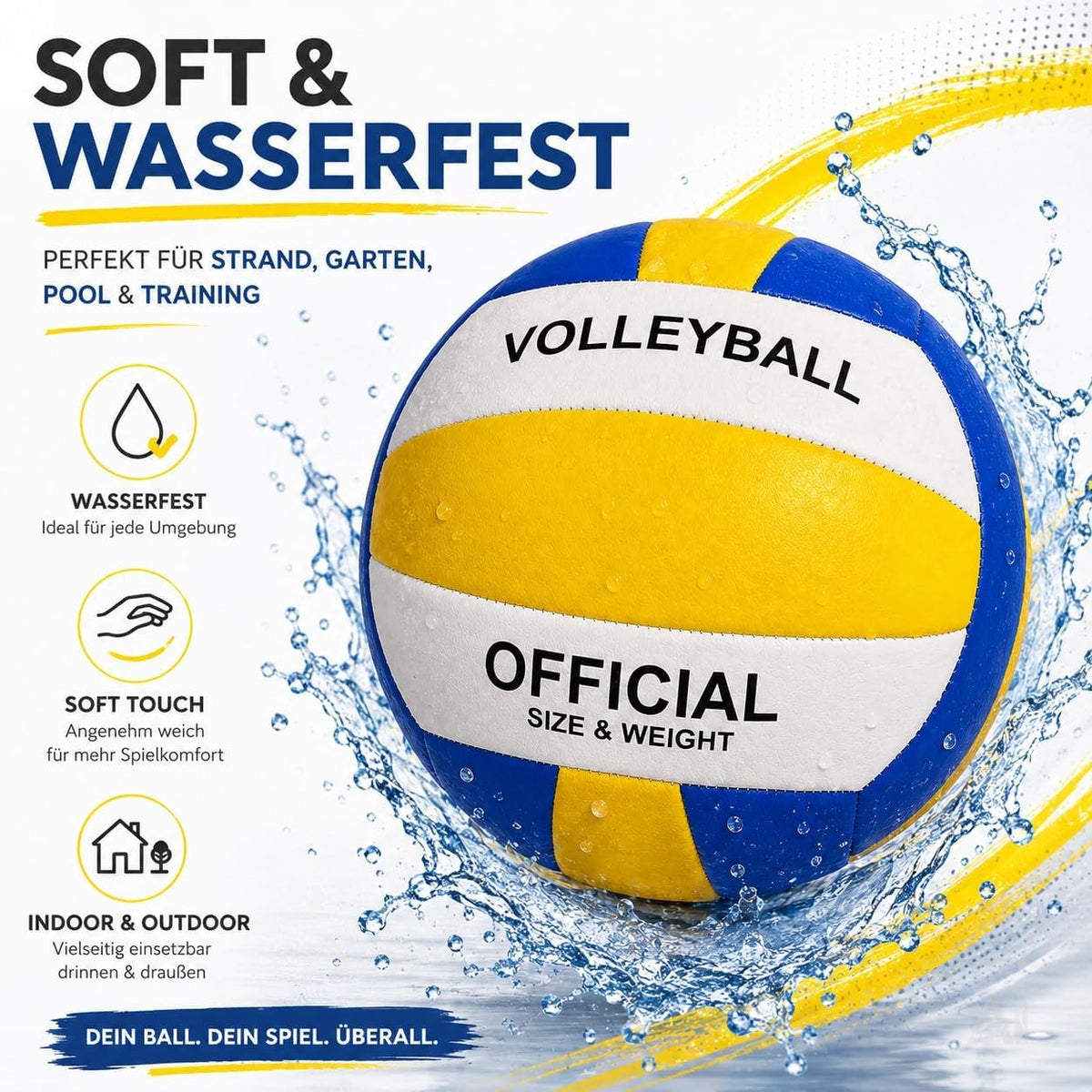 Volleyball Größe 5 – weicher Freizeitball in Gelb mit buntem Muster – Produktmotiv 3