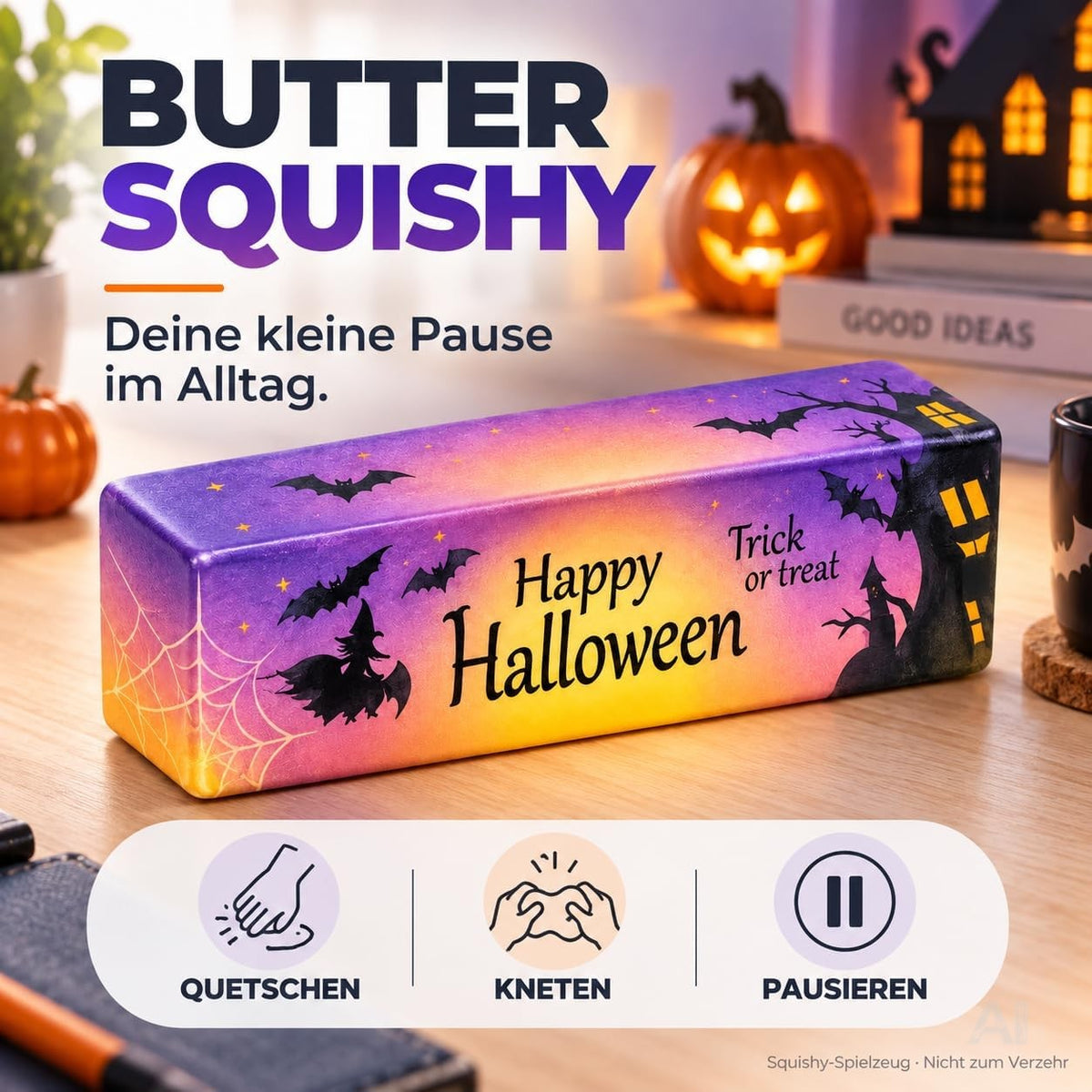 Butter Squishy Halloween 02 mit Hexen- und Fledermausmotiv – Produktdarstellung