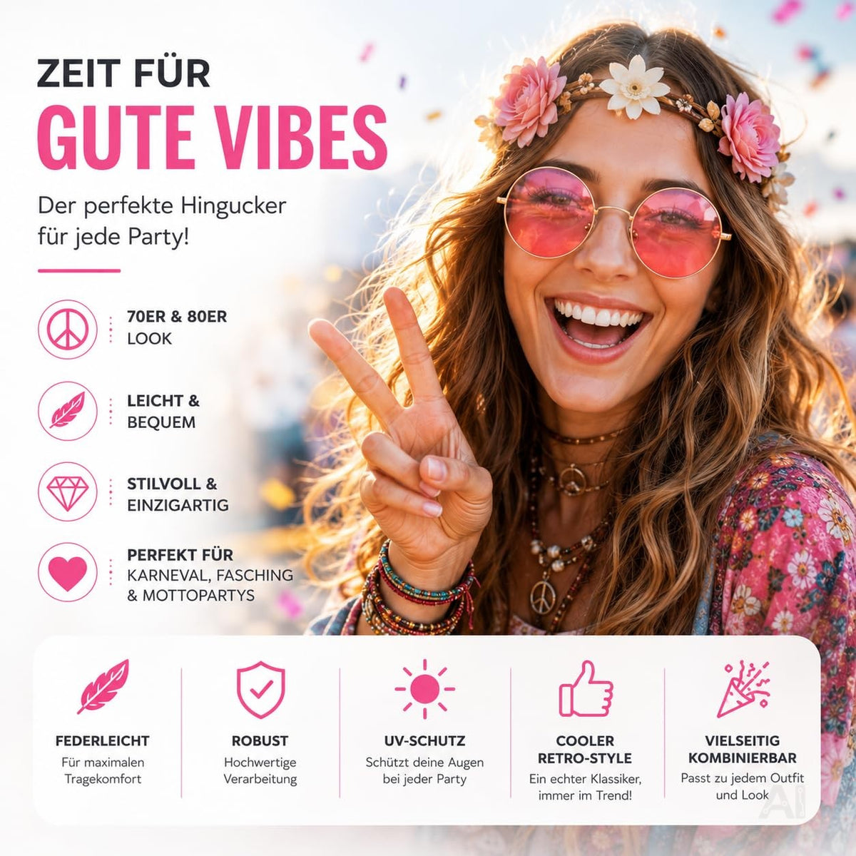 Runde Hippie-Brille mit rosa Gläsern – von einer Frau getragen
