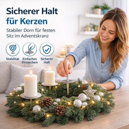 Kerzenhalter mit Dorn für Adventskränze – beim Einsetzen einer Kerze