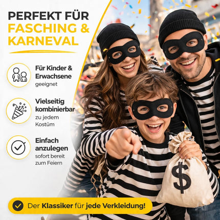 Schwarze Augenmaske für ein Banditenkostüm – von Erwachsenen und einem Kind getragen