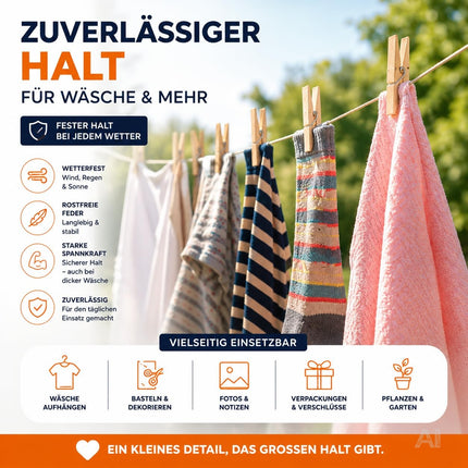 Wäscheklammern aus Holz – an aufgehängter Wäsche