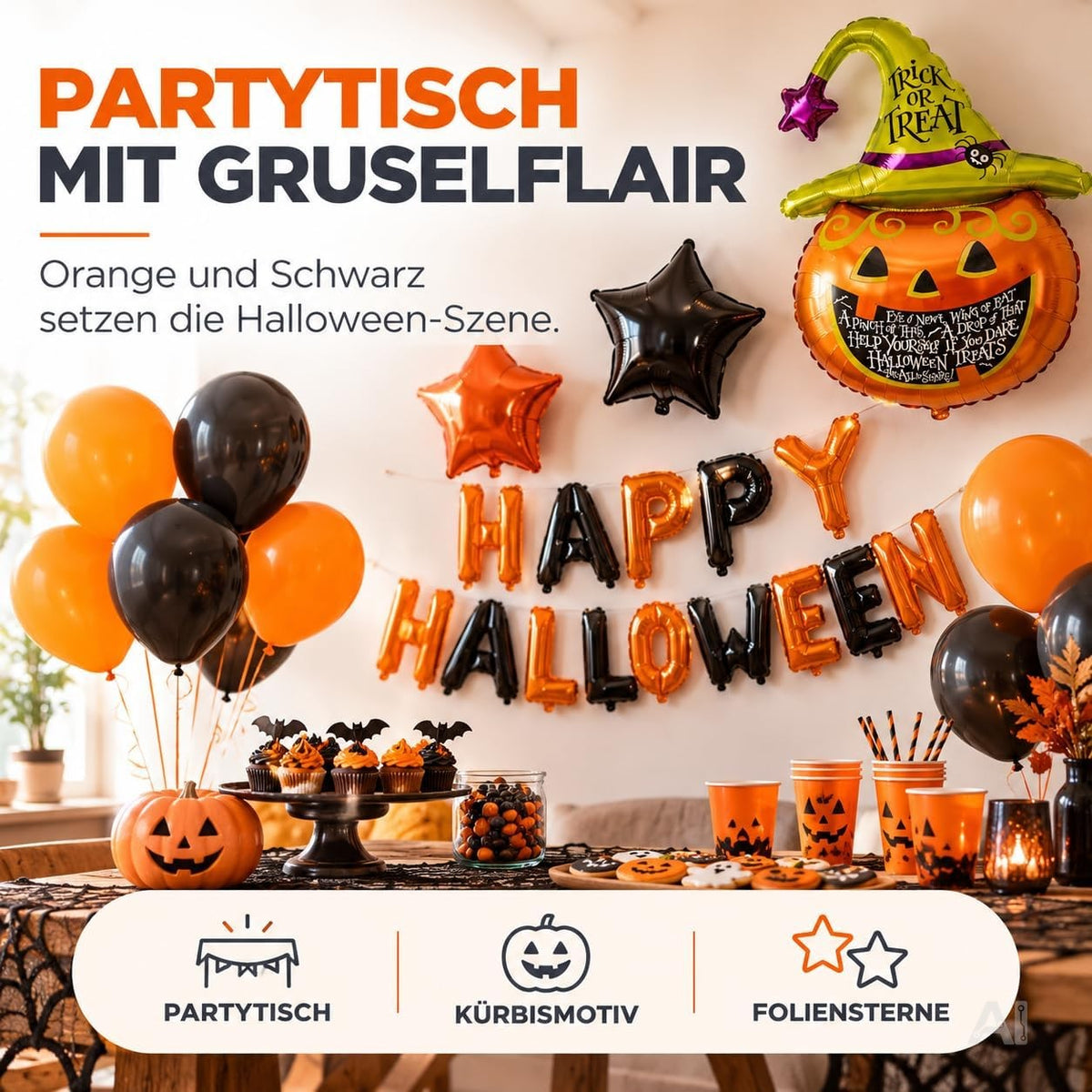 Halloween Deko Set – Luftballons in Orange und Schwarz, Kürbis, Happy Halloween Schriftzug und Sterne für Partydekoration