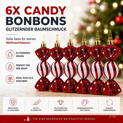 Sechs rot-weiße Bonbon-Anhänger als Christbaumschmuck – Produktmotiv 3