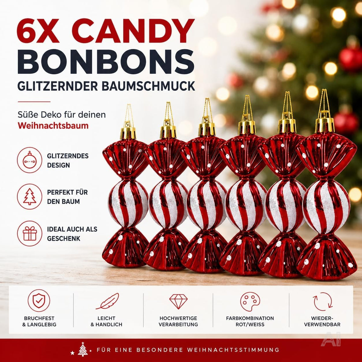 Sechs rot-weiße Bonbon-Anhänger als Christbaumschmuck – Produktmotiv 3